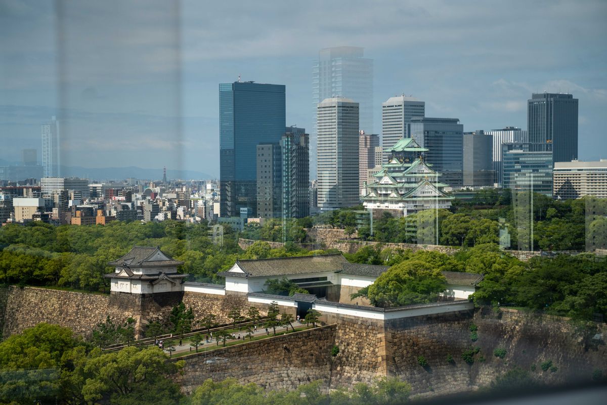 osaka castle with skyscrapers